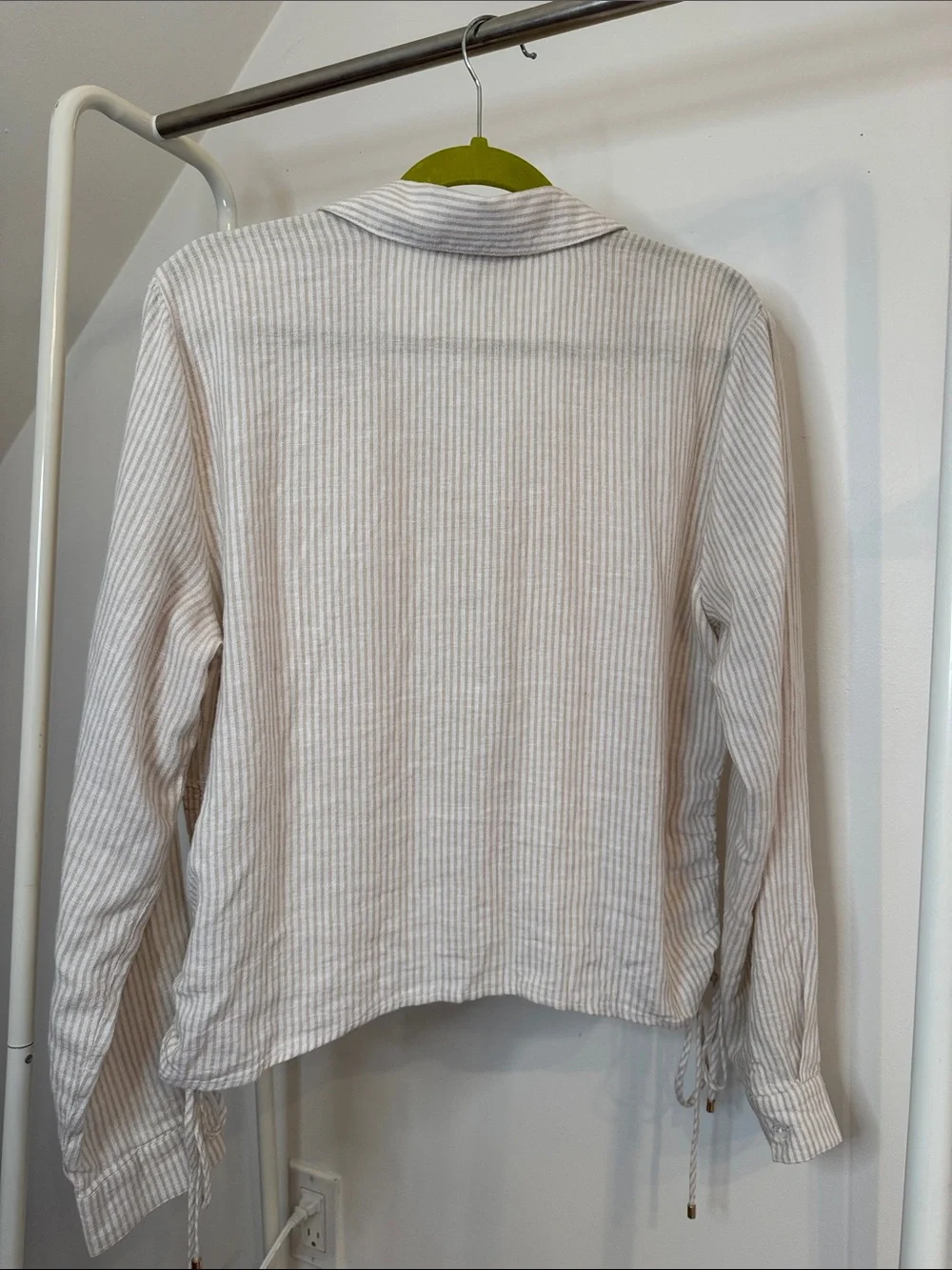Linen Blend Tan/Cream Striped Button-Front Women's Shirt with Gold accents